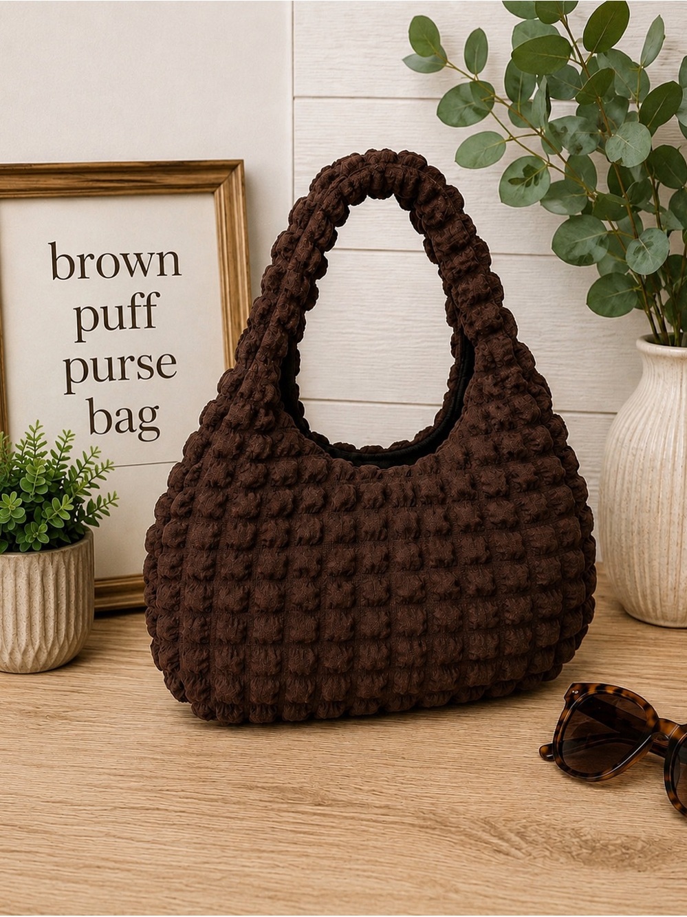 🤎 Brown Puff Textured Shoulder Bag | Slouchy Tote Purse | Everyday Bag